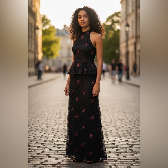 Monique Lhuillier Dresses & Skirts - ML Monique Lhuillier Black Lace Maxi Dress with Embroidery Red Roses size 8